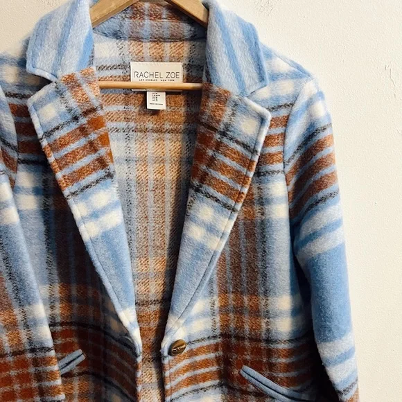 Rachel Zoe Light Blue Plaid Wool-Blend Trench Coat - Picture 2 of 9